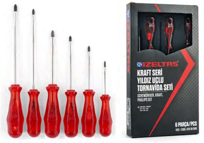 İzeltaş 4120008106 Kraft Seri Yıldız Uçlu Tornavidalar, Krom Vanadyum Çelik, 6'Lı, Kırmızı