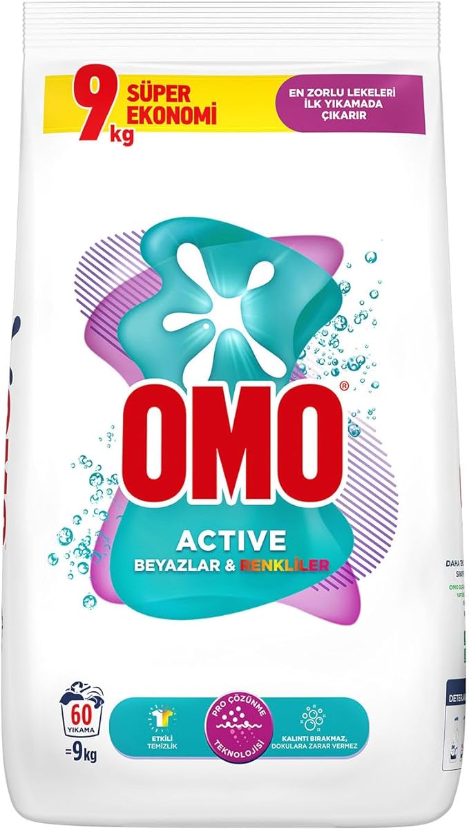 Omo Active Beyazlar ve Renkliler için Toz Çamaşır Deterjanı, 9 kg, 60 Yıkama, 1 Paket (1 x 9000 g)